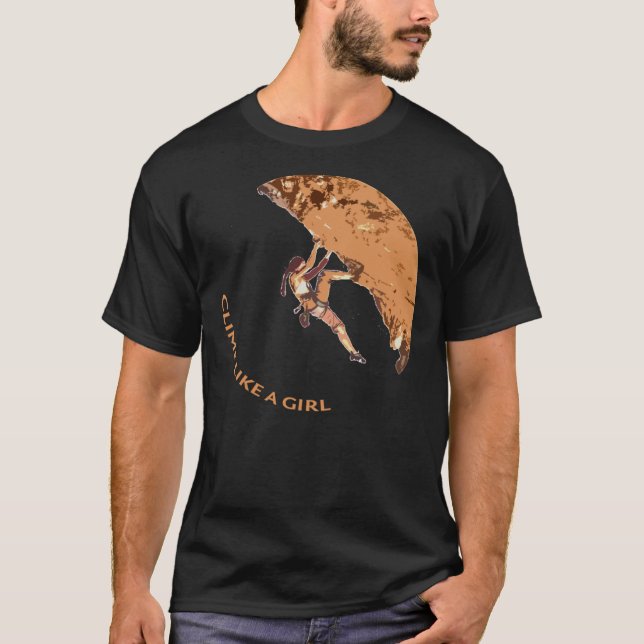 Camiseta Suba como uma garota escalando pedras escalando na (Frente)