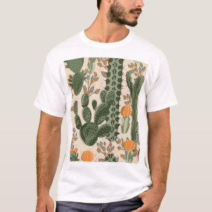 Camiseta Suculentes verdes, flores laranja, papel de parede
