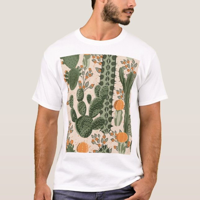 Camiseta Suculentes verdes, flores laranja, papel de parede (Frente)