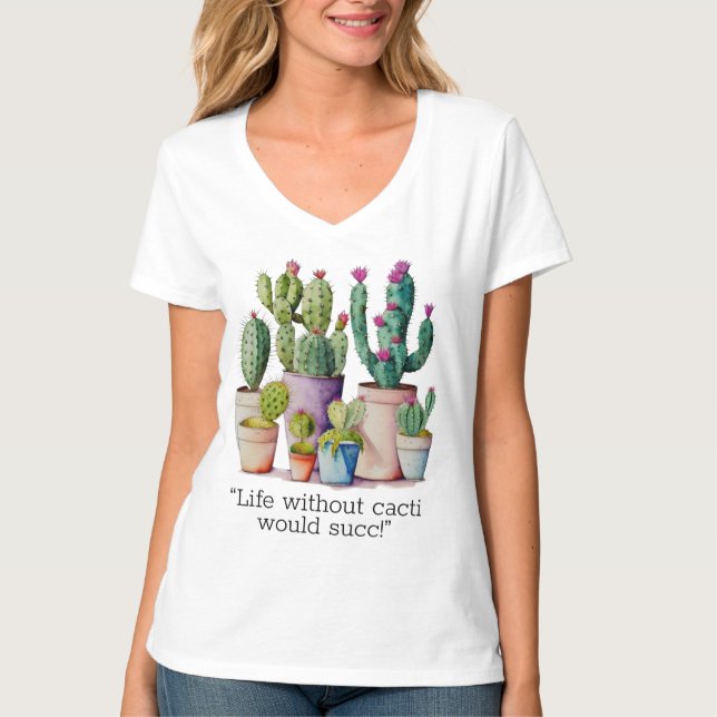 Camiseta Sucultivos cactos de aquarela branca em potes (Frente)