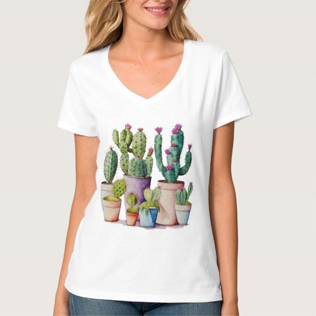 Camiseta Sucultivos cactos de aquarela branca em potes (Frente)