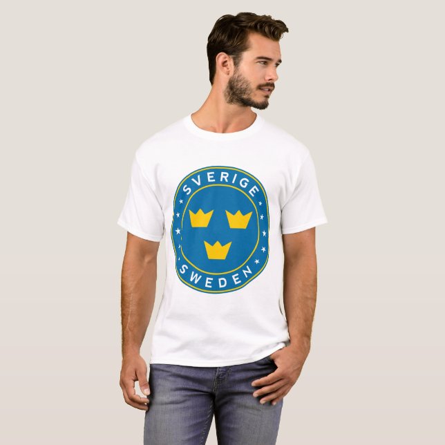 Camiseta Suecia, Sverige, 3 coroas, adesivo, círculo (Frente Completa)