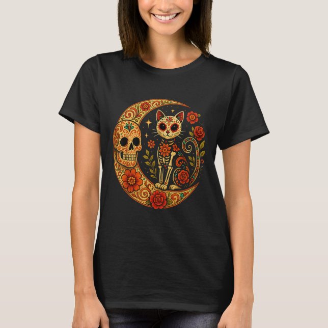 Camiseta Sugar Skull Cat Moon Dia De Los Muertos Funny Hall (Frente)