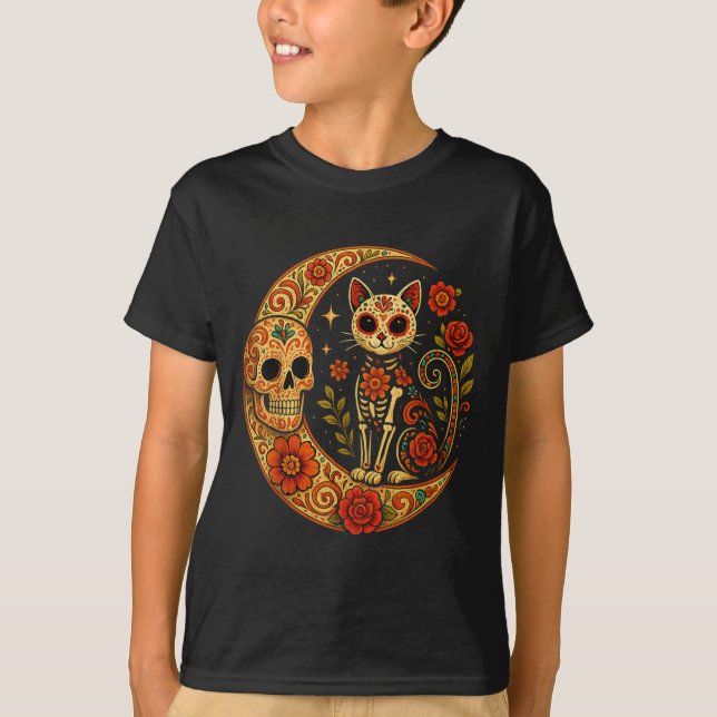 Camiseta Sugar Skull Cat Moon Dia De Los Muertos Funny Hall (Frente)