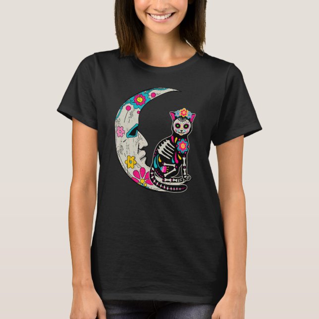 Camiseta Sugar Skull Cat Moon Dia De Los Muertos Mexico Da (Frente)
