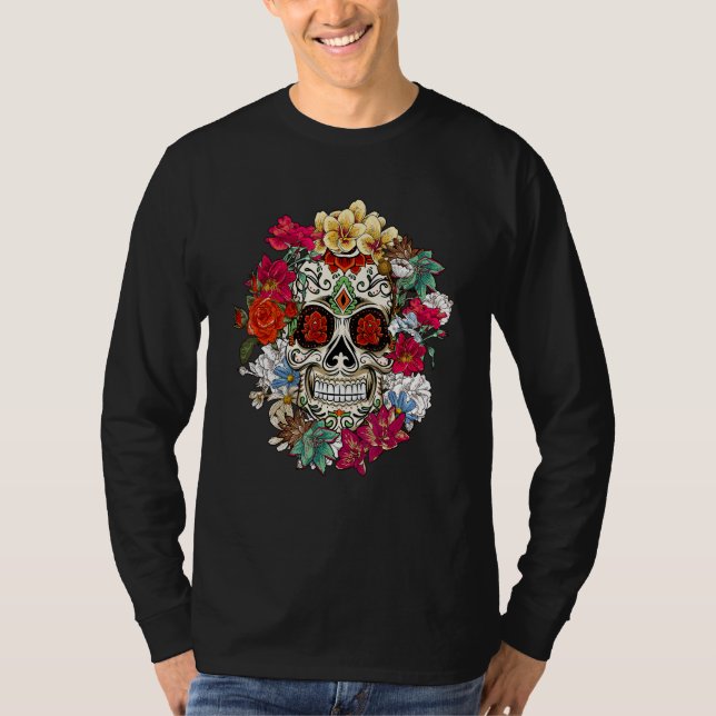 Camiseta Sugar Skull Day Of Dead Dia De Los Muertos Flowers (Frente)