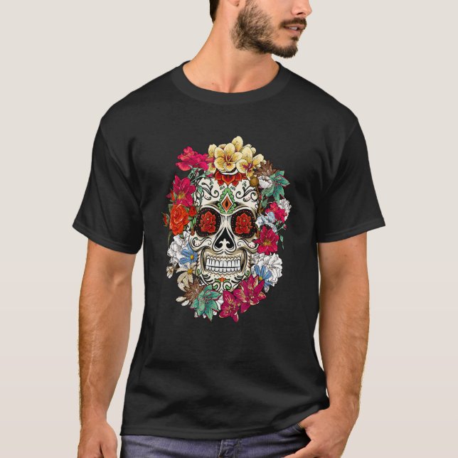Camiseta Sugar Skull Day Of Dead Dia De Los Muertos Flowers (Frente)