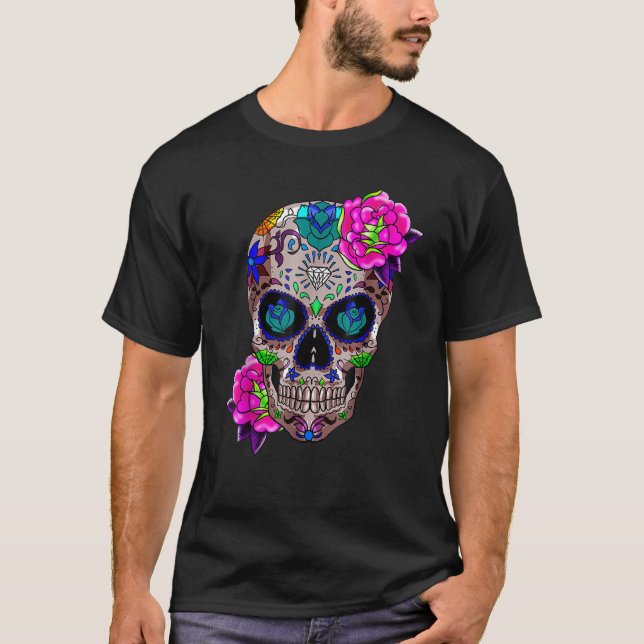 Camiseta Sugar Skull Day Of The Dead Cool Bone Head Skulls  (Frente)
