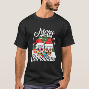 Camiseta Sugar Skull Feliz Papais noeis de Natal Família de
