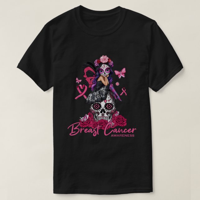 Camiseta Sugar Skull Fight Breast Cancer Awareness Like A G (Frente do Design)