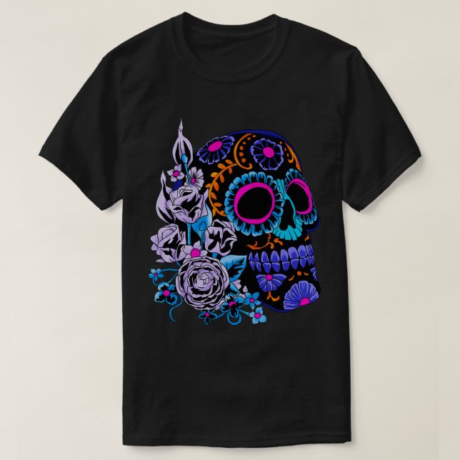 Camiseta Sugar Skull Flowers Day Of The Dead Dia Muertos Gi (Frente do Design)