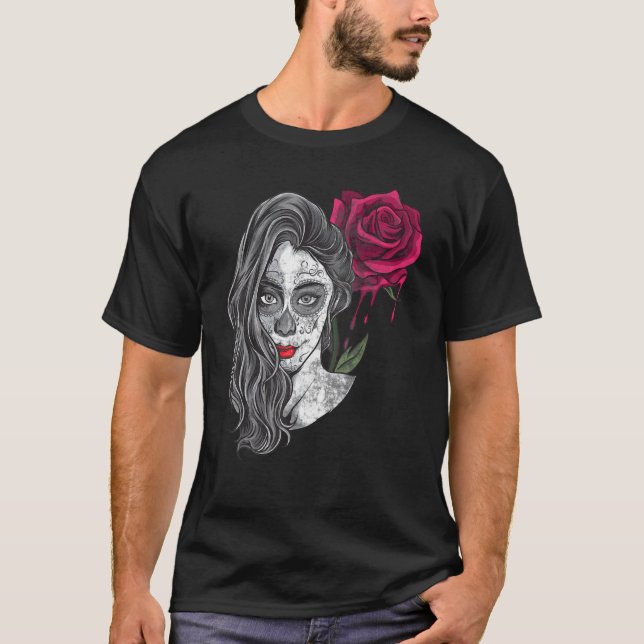 Camiseta Sugar Skull Girl Com Máscara De Morte Mexicana E R (Frente)