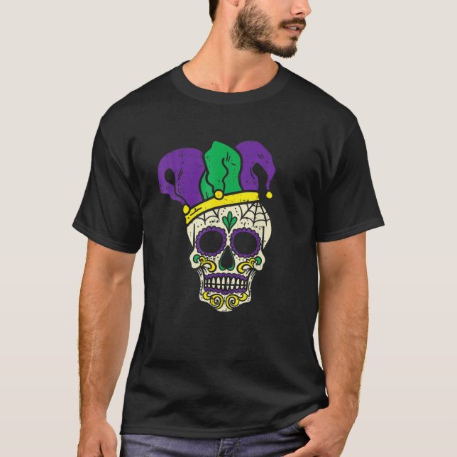 Camiseta Sugar Skull Jester Ha Funny Mardi Gras Carnaval M (Frente)