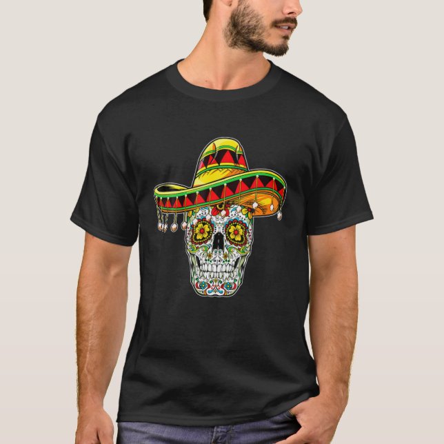Camiseta Sugar Skull Poncho Hat Cinco De Mayo Dia Do De (Frente)