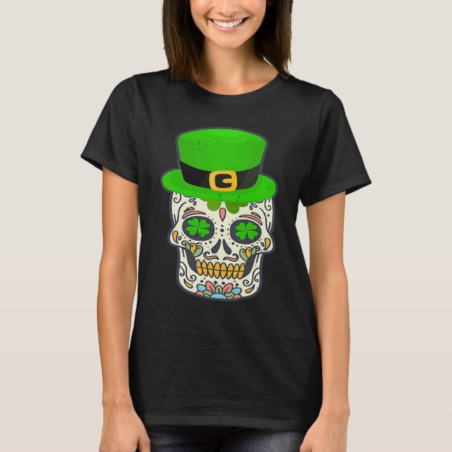 Camiseta Sugar Skull Saint Patricks Day Of Dead Lucky Hallo (Frente)