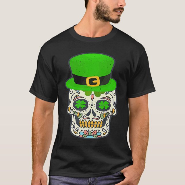 Camiseta Sugar Skull Saint Patricks Day Of Dead Lucky Hallo (Frente)
