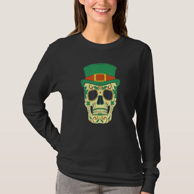 Camiseta Sugar Skull Saint Patricks Day of Dead Mexican Men (Frente)