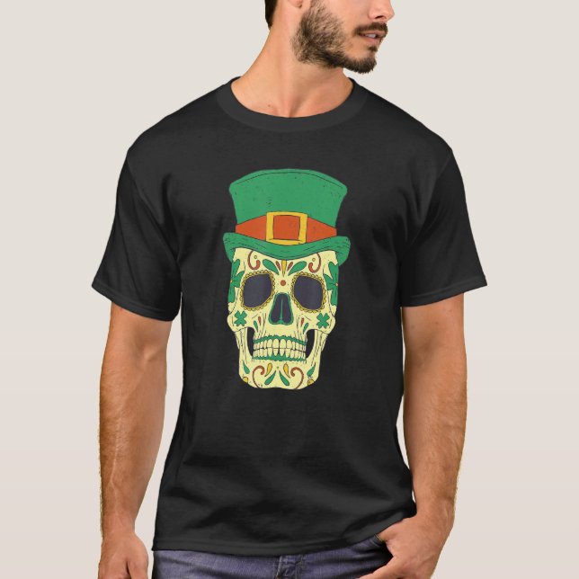 Camiseta Sugar Skull Saint Patricks Day of Dead Mexican Men (Frente)