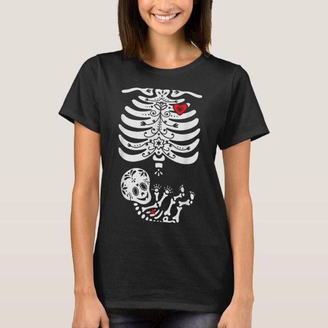 Camiseta Sugar Skull Skeleton Halloween Pregnancy Annouceme (Frente)