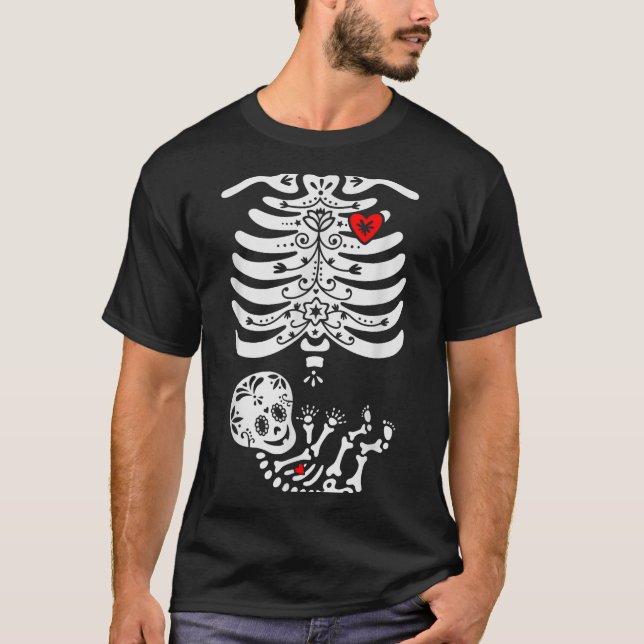 Camiseta Sugar Skull Skeleton Halloween Pregnancy Annouceme (Frente)