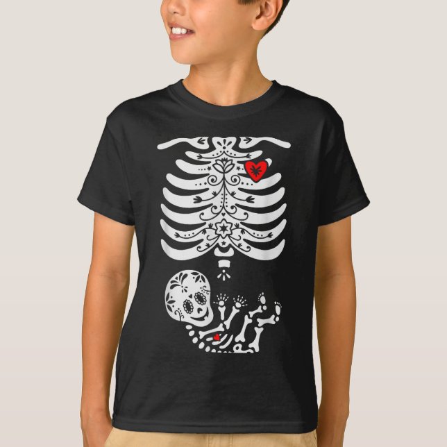 Camiseta Sugar Skull Skeleton Halloween Pregnancy Annouceme (Frente)