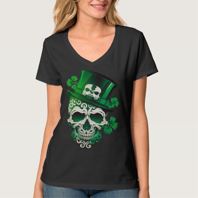 Camiseta Sugar Skull St Patricks Day Irish Skull Leprechaun (Frente)