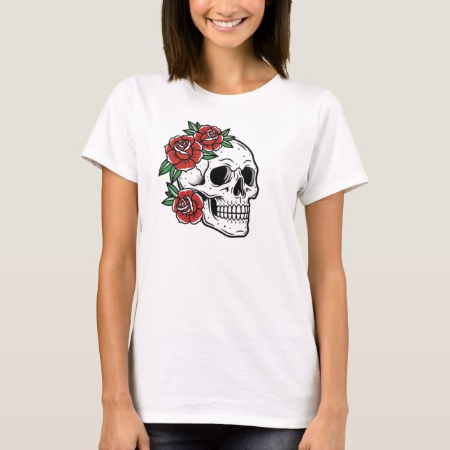 Camiseta Sugar Skull with Red Roses Poster (Frente)
