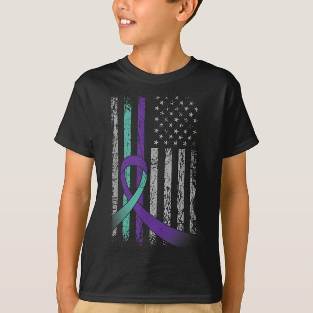 Camiseta Suicide Prevention Awareness America Flag Teal Pur (Frente)