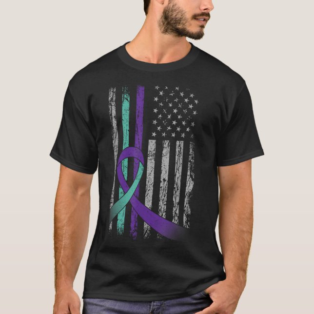 Camiseta Suicide Prevention Awareness America Flag Teal Pur (Frente)