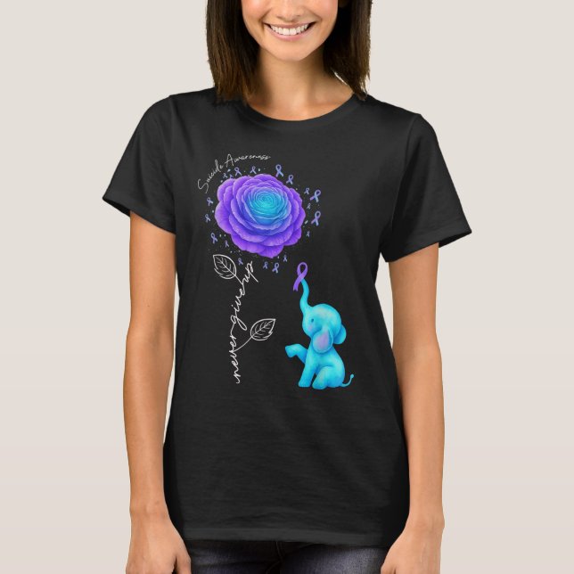 Camiseta Suicide Prevention Teal Purple Flower Elephant Rib (Frente)
