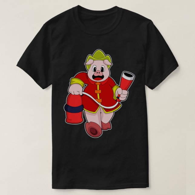 Camiseta Suíno como Bombeiro com extintor de incêndio (Frente do Design)