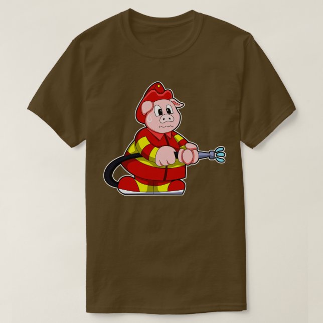 Camiseta Suíno como Bombeiro com extintor de incêndio 1 (Frente do Design)