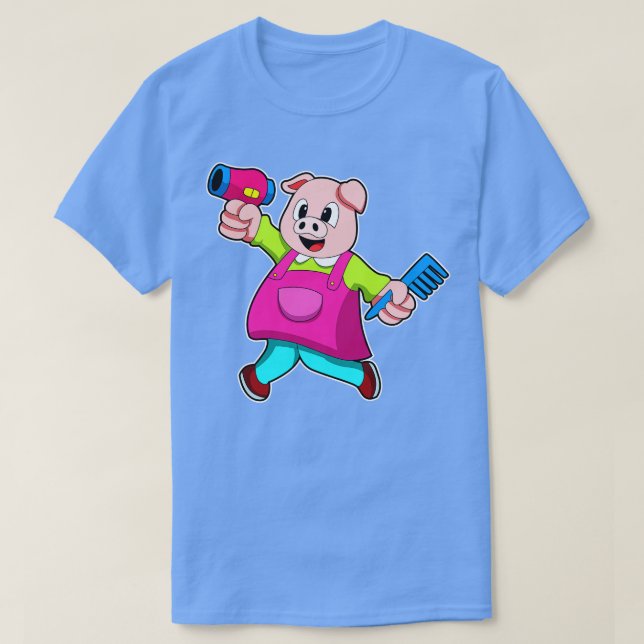Camiseta Suíno como cabeleireiro com pente de secador de ca (Frente do Design)