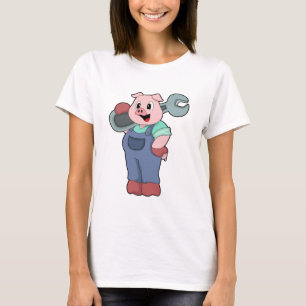 Camiseta Suíno como mecânico com chave inglesa