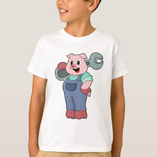 Camiseta Suíno como mecânico com chave inglesa