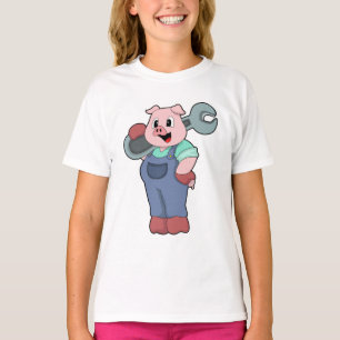 Camiseta Suíno como mecânico com chave inglesa
