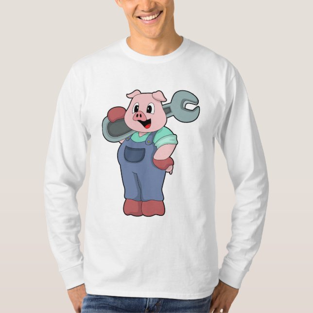Camiseta Suíno como mecânico com chave inglesa (Frente)