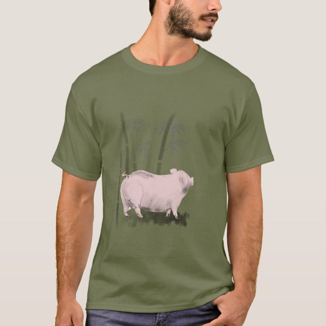 Camiseta Suíno de desenho original e homem de bambu Tee (Frente)
