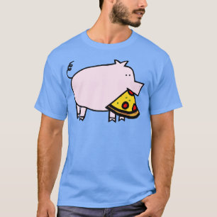 Camiseta Suíno rosa-claro com pizza de pepperoni na boca