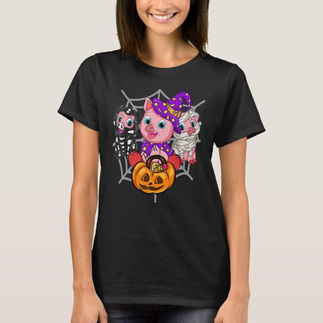 Camiseta Suínos Bonitos De Halloween Trick Ou Treat Pig (Frente)