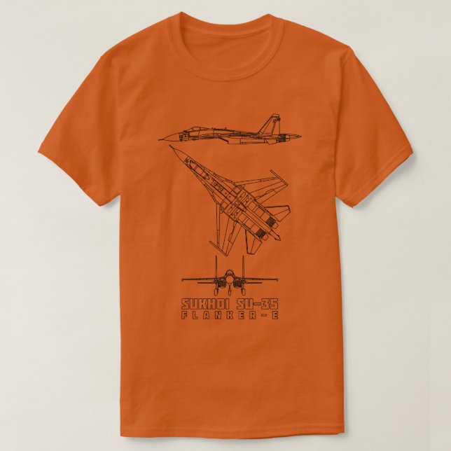 Camiseta Sukhoi Su35 Avião de Combatente Russo Jet Blueprin (Frente do Design)
