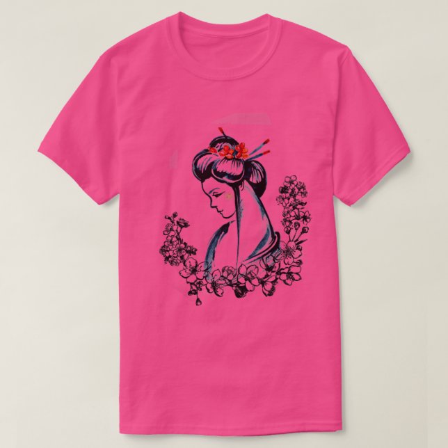 Camiseta Sumi E Lady Japonesa com Flores (Frente do Design)