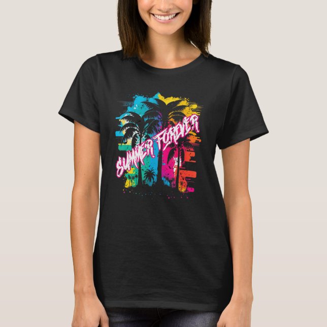 Camiseta Summer Forever 80s Retro Vaporwave Beach Palm Tree (Frente)