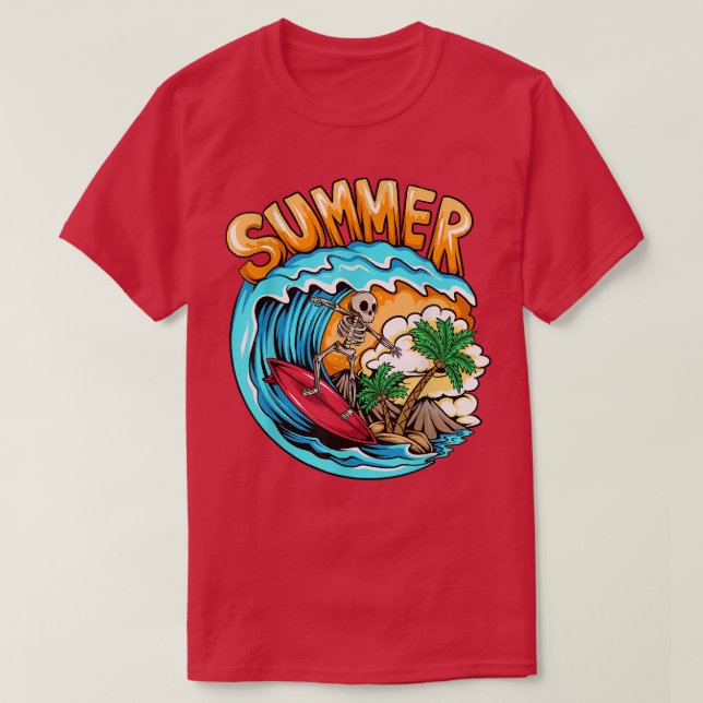 Camiseta Summer Skeleton Surfing Wave Beach Summer Vacation (Frente do Design)
