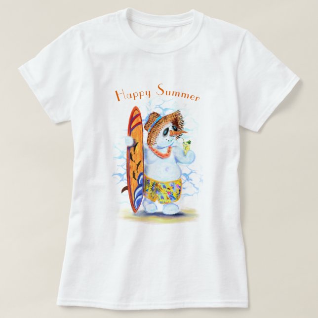Camiseta Summer Snowman Surfer Bebe Texto Personalizado (Frente do Design)