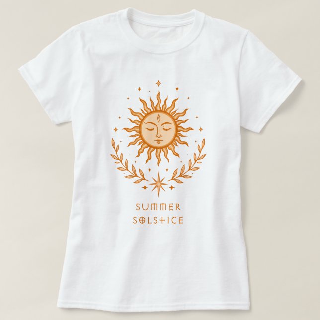 Camiseta Summer Solstice Celestial Sun Face Botanical Art (Frente do Design)