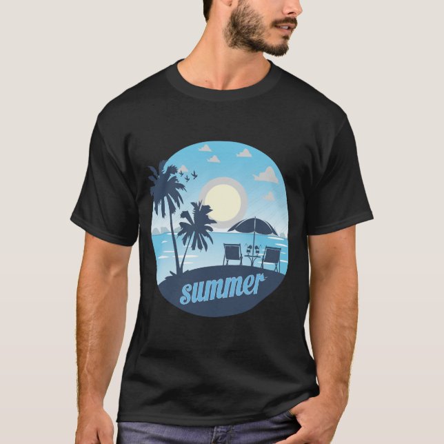 Camiseta Summer, Sun, Beach, Chairs, Umbrella & Palm Trees (Frente)