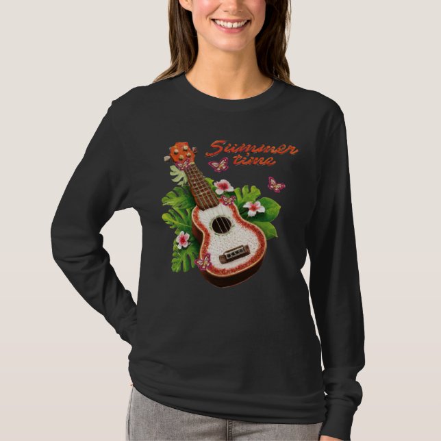 Camiseta Summer Time Hawaii Ukulele Lute Flowers (Frente)
