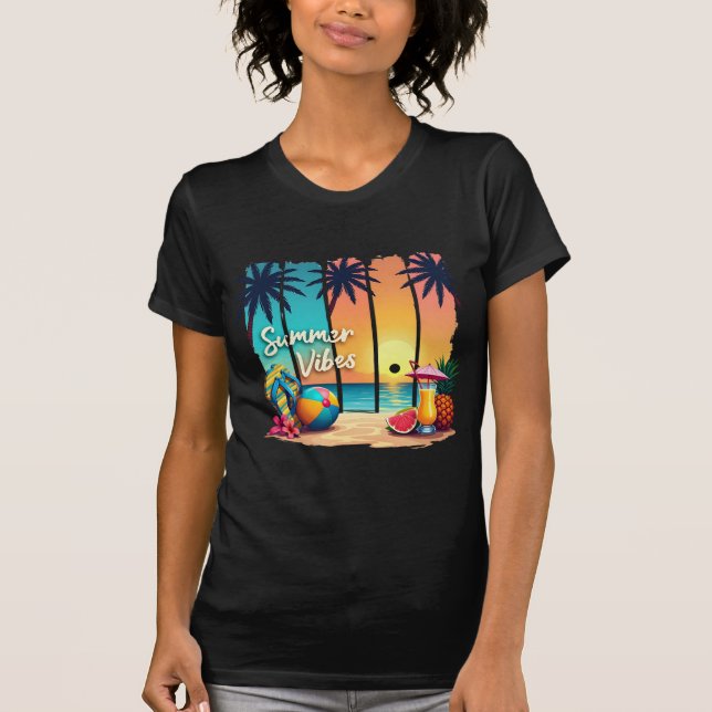 Camiseta Summer Vibes Beach Scense - Sunset tropical com Fl (Frente)