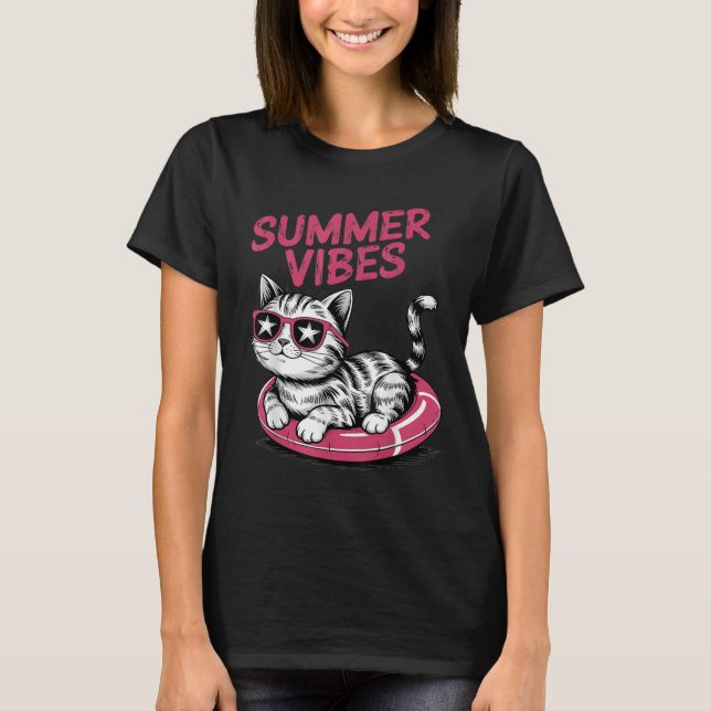 Camiseta Summer Vibes Legal Engraçado Piscina de Gato Float (Frente)